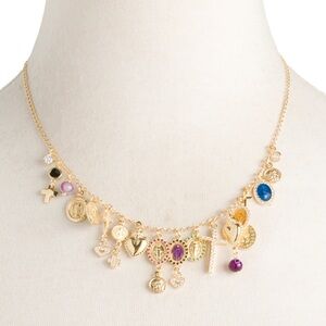 Gold Charm Necklace with Multicolor Accents miraculous medals crosses hearts